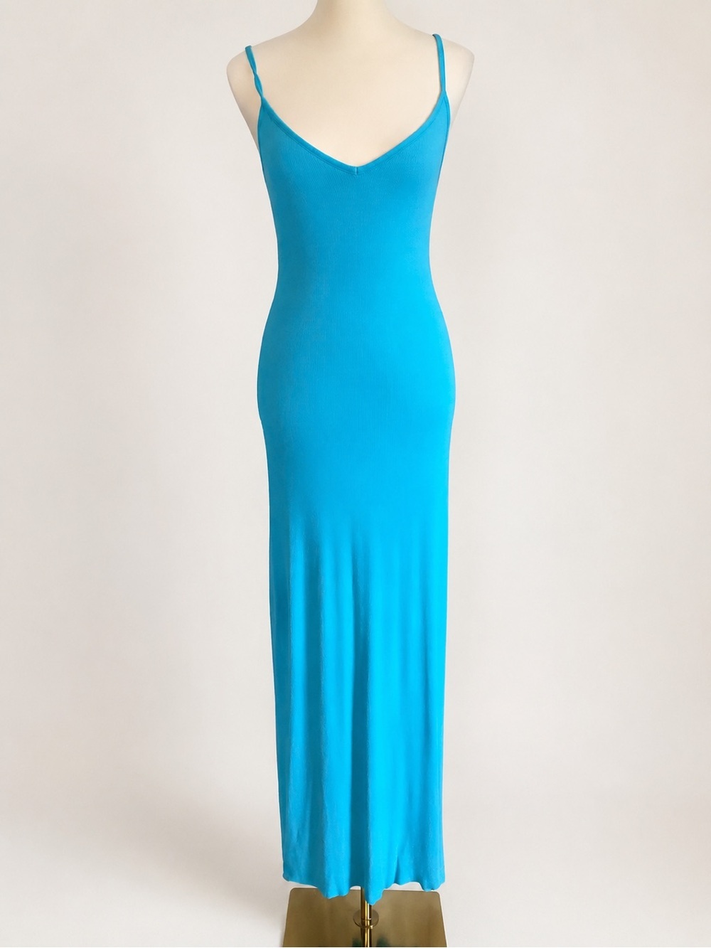 Naked Wardrobe Ribbed Bodycon Maxi Dress Blue Sleeveless Stretch Knit Size L